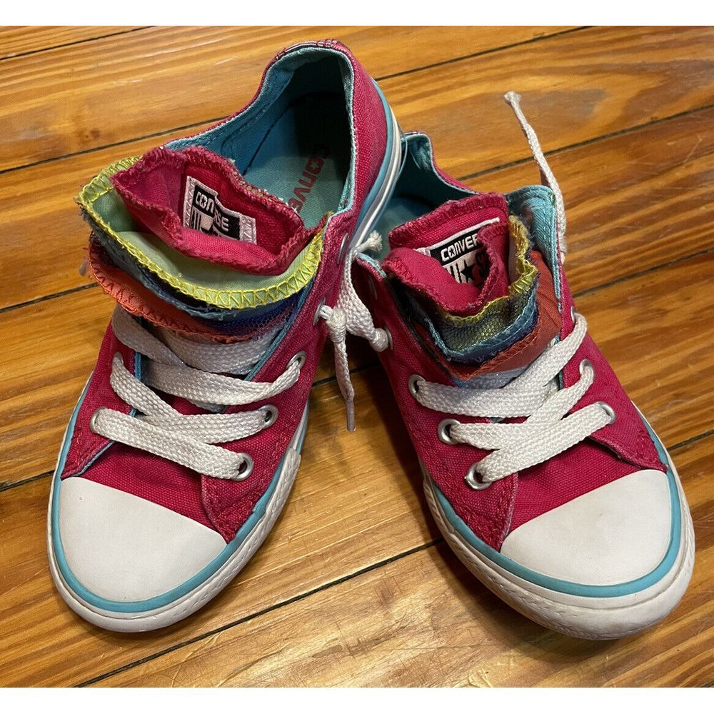 Converse All Star Hot Pink Low Top Shoes With Multicolored Tongue Size Girls 13 - Picture 2 of 10